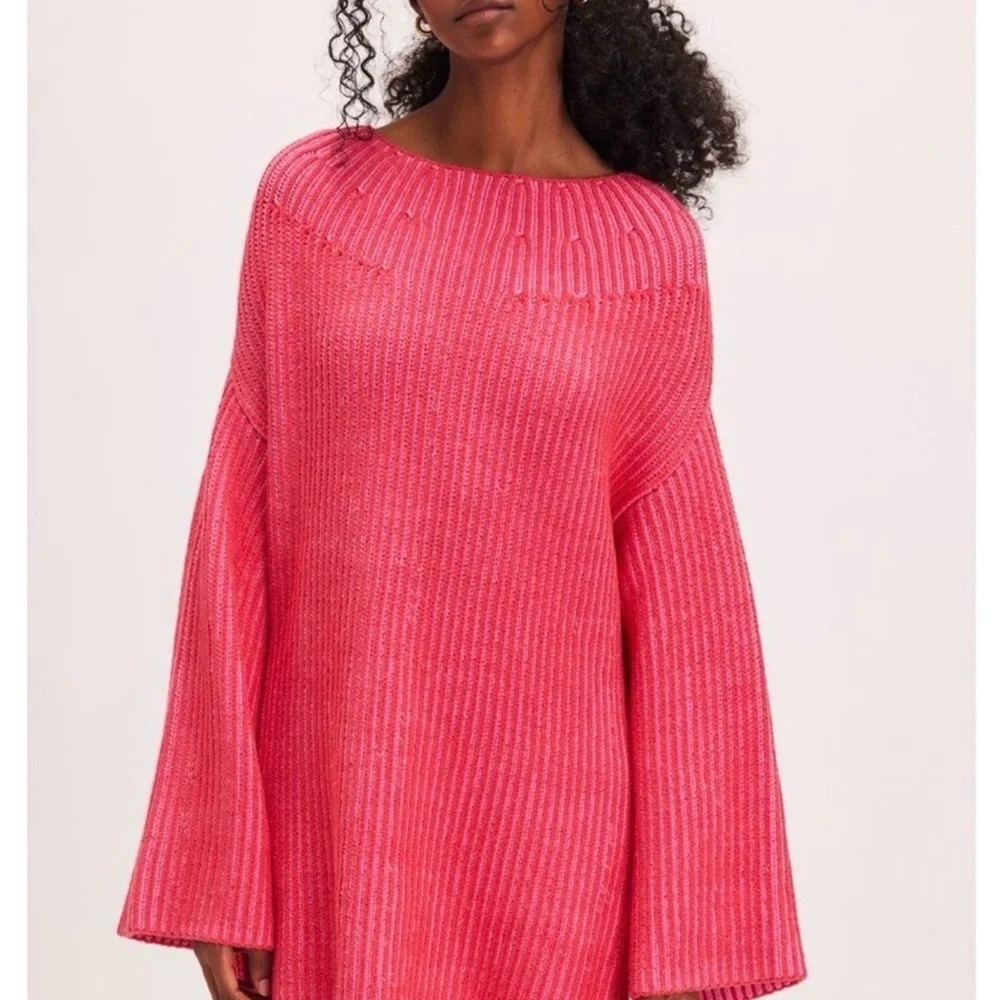 Free People Hot Pink Ribbed Off-Shoulder Sweater